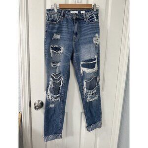 Kancan Ultra High Rise Taper Jeans Womens Size 26 Distressed Med Wash Blue Denim